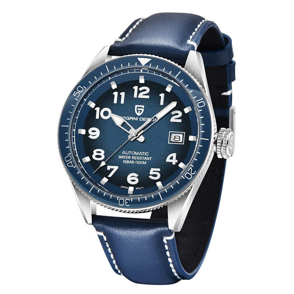 PAGANI DESIGN Old Classic Leather Blue Band Waterproof Mechanical Blue Dial