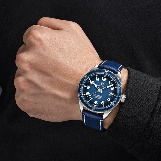 PAGANI DESIGN Old Classic Leather Blue Band Waterproof Mechanical Blue Dial